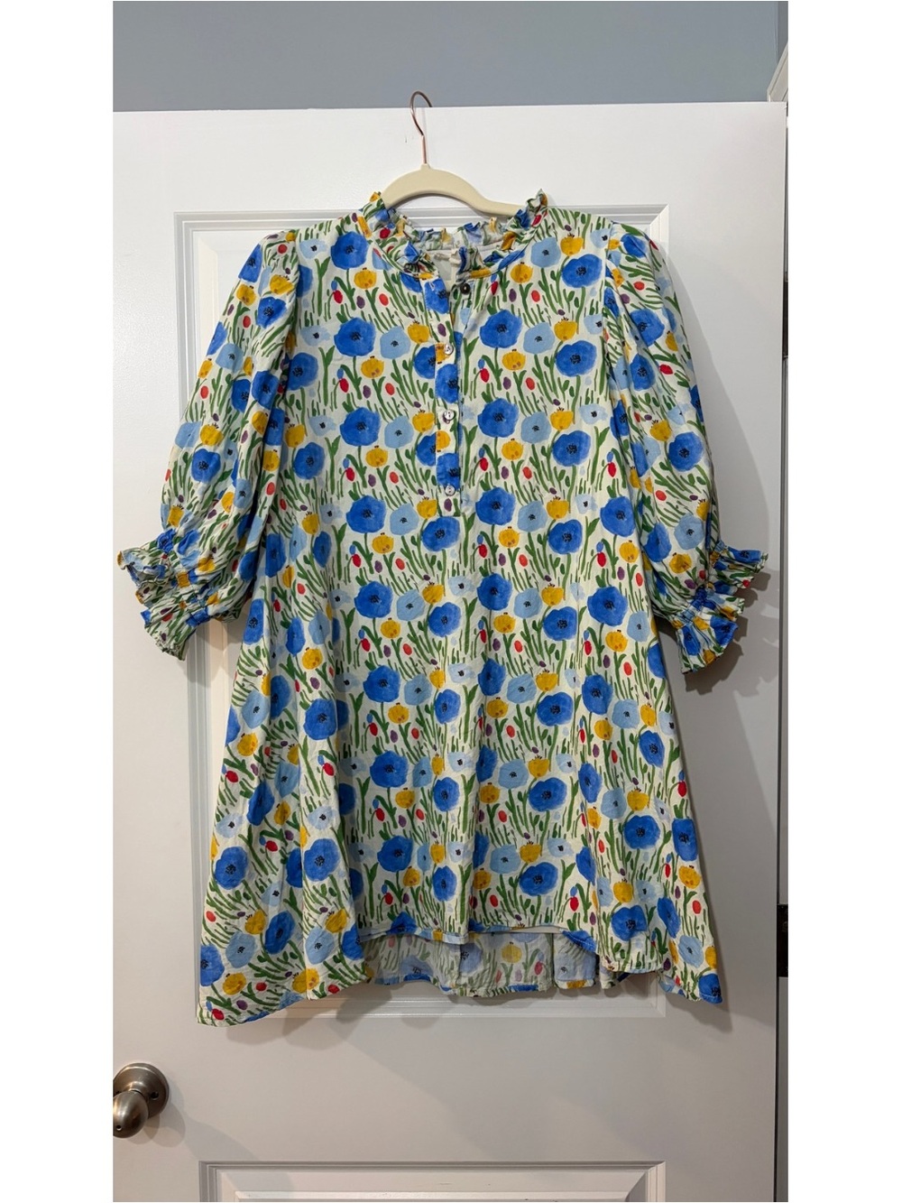 Blue Floral Puff-Sleeve Tunic Dress
